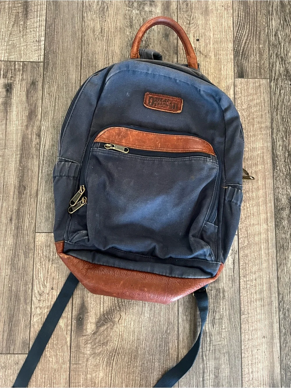 Duluth Trading Co Navy Canvas Backpack with Brown Leather Trim
